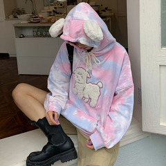 Real shot new tie dyed sweater women's lamb hair embroidery hood splicing coat milk silk composite thickening