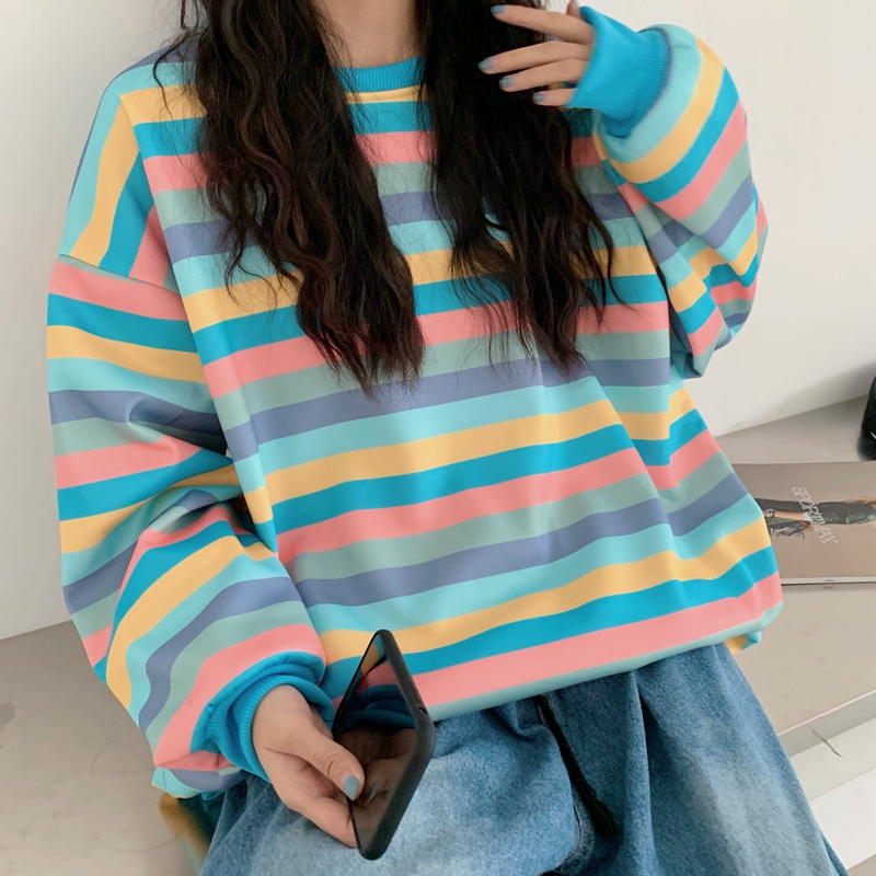 Real shot new Korean Plush autumn and winter new loose and versatile Rainbow Striped crew neck sweater for women