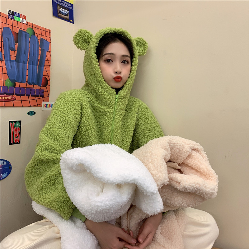 Real shot new polar fleece age reduction cute ears lambs fur coat girlfriends clothes