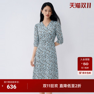 BuouBuou 2026秋V领高腰七分袖中长裙绿色法式田园风碎花女连衣裙
