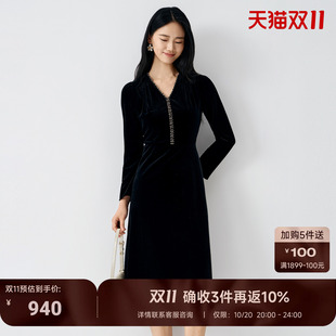 BuouBuou复古优雅名媛丝绒长裙秋冬季宴会V领花边高腰A字连衣裙女