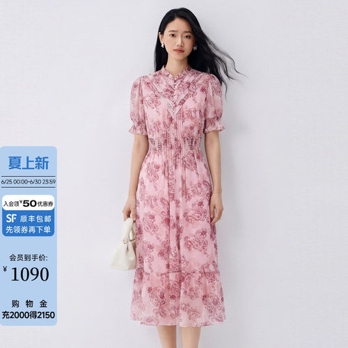 夏季泡泡袖高腰印花百褶连衣裙