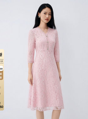 蕾丝中袖收腰中长款连衣裙女