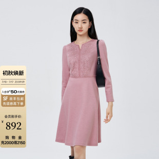 Buou Buou秋冬品法式优雅蕾丝拼接羊毛轻奢连衣裙女气质显瘦