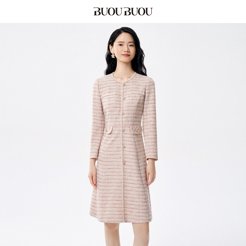 BuouBuou2025春新品首发法式优雅花朵扣条纹弹力小香A字