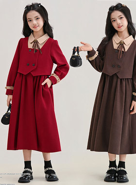女童红色连衣裙秋冬装中大童假两件加绒公主裙儿童学院风洋气长裙