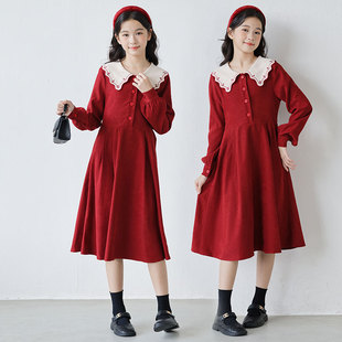 女童连衣裙秋冬季新款中大童红色长裙儿童洋气公主裙高级感裙子