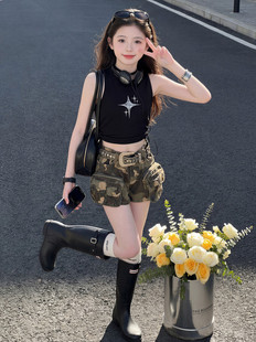 女童套装夏季新品中大女儿童上衣短裤两件套女孩背心迷彩短裤套装