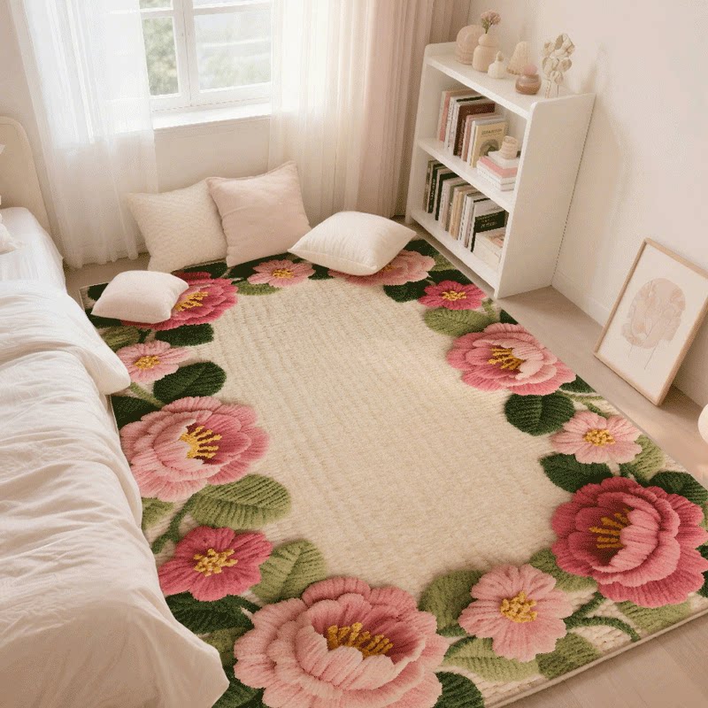 ins风女生卧室床边地毯奶油风长条防滑加厚花朵房间飘窗阳台地垫