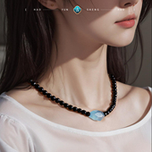 一两风天然黑曜石项链海蓝宝吊坠高货补水招米小众轻奢女款 礼物