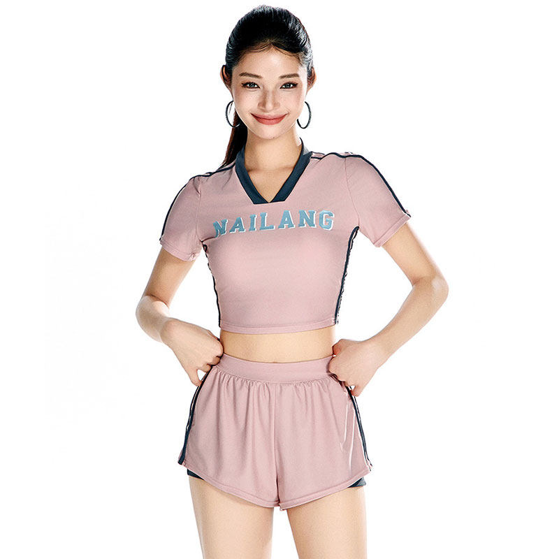 美高风粉色V领遮背分体泳衣女