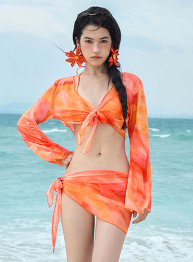 橙色四件套度假比基尼游泳衣女性感带钢托三点式纱料长袖罩衫系裙