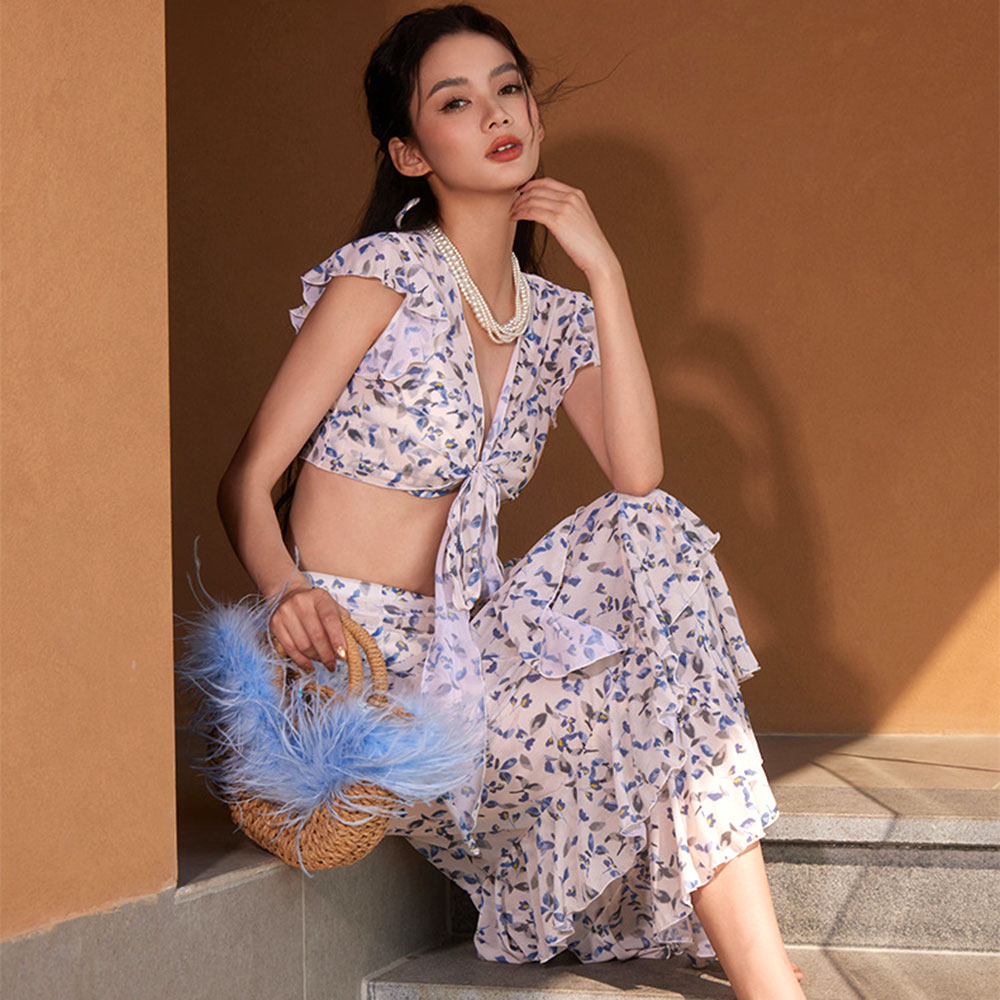 度假比基尼游泳衣女带钢托有钢圈 休闲碎花荷叶边沙滩长裙四件套
