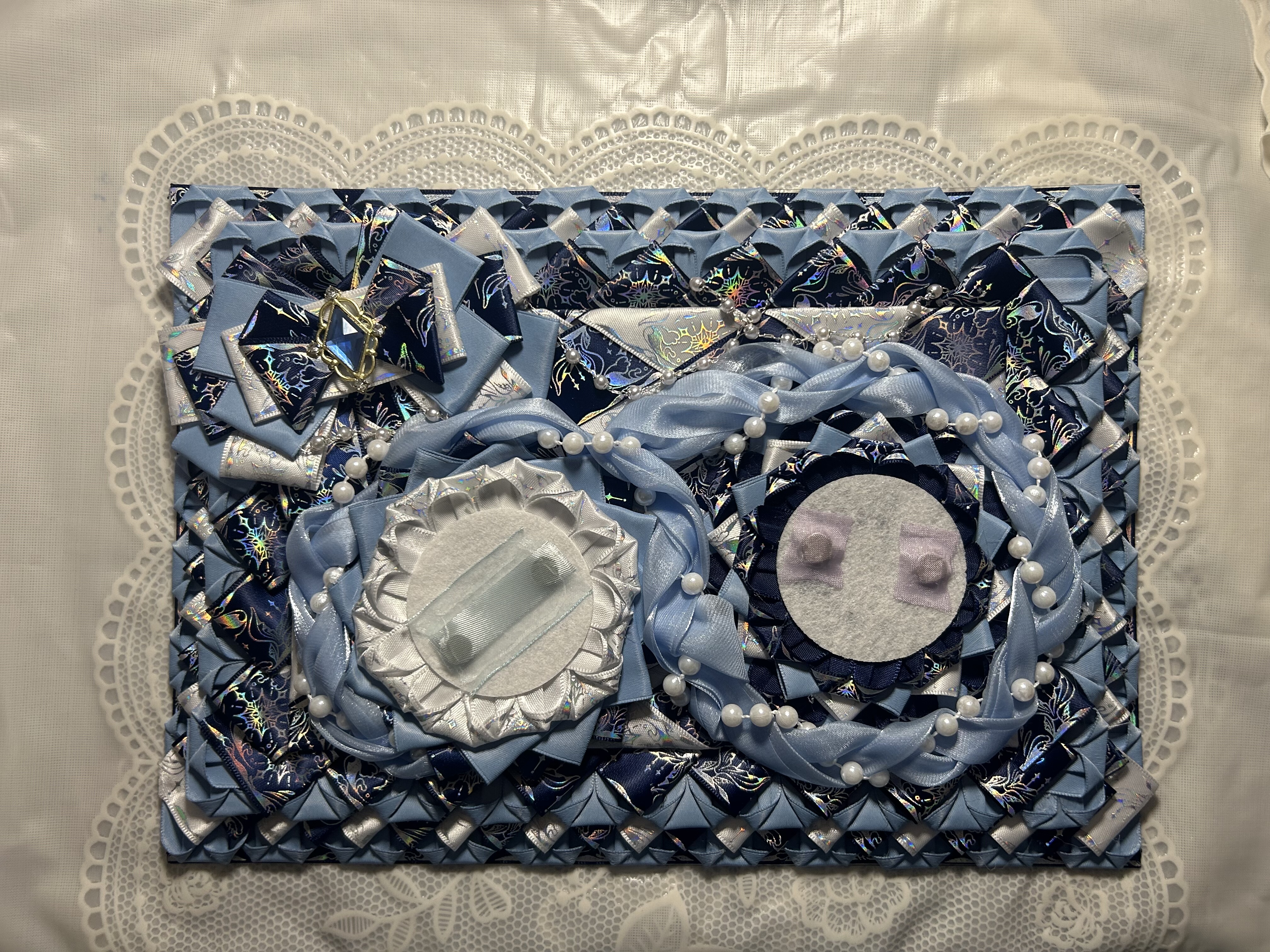 阿包手作｜现货蓝白消光丝带痛板细纱花边蝴蝶结痛板吧唧托扎板