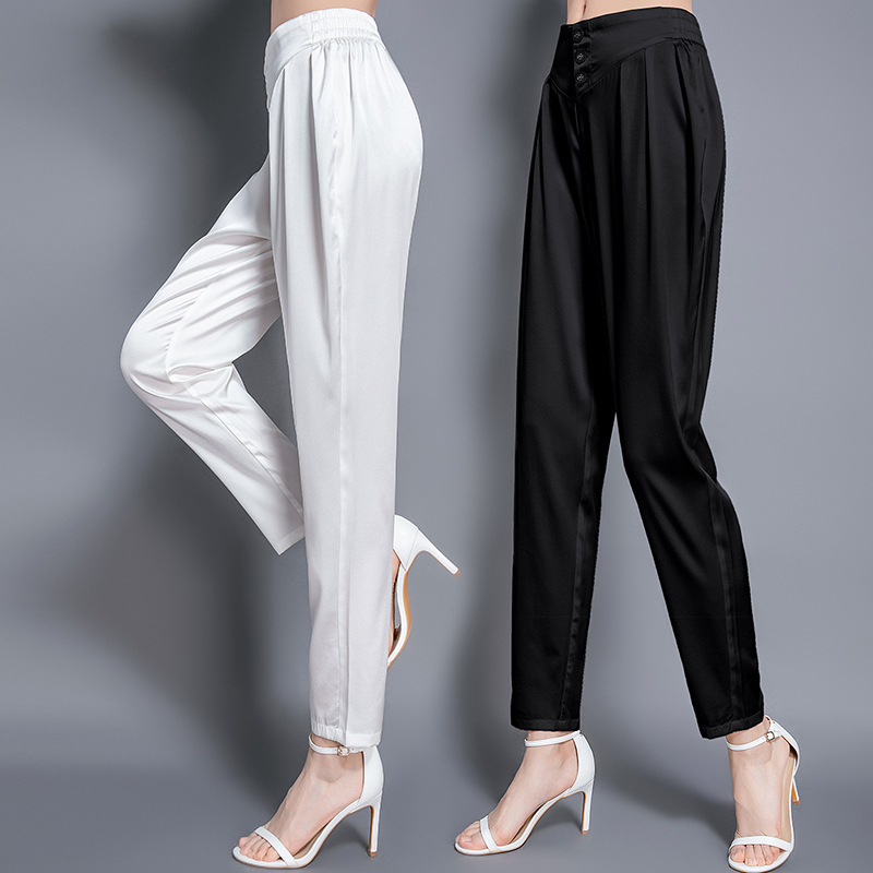 白色桑蚕丝宽松紧高腰19姆米弹力缎丝绸女裤休闲经典丝绸萝卜裤