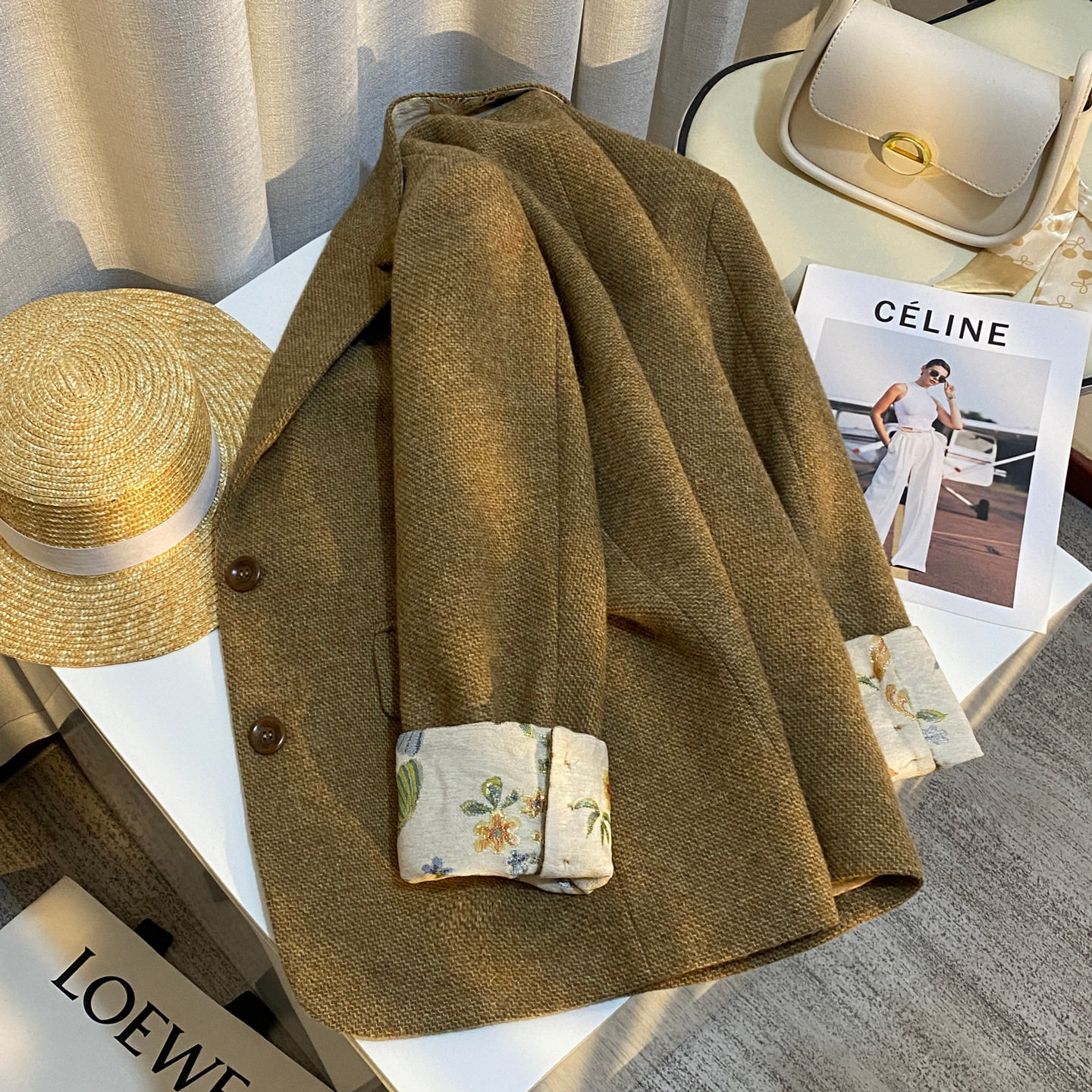 2025秋冬新款韩系小西服高端轻熟风卡其色独特拼接毛呢西装外套女