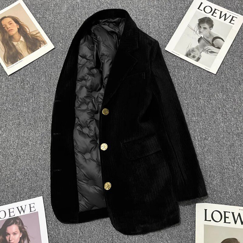 黑色韩版显瘦灯芯绒西装外套女2025年冬季新款加厚内里羽绒小西服,女装/女士精品,西装,淘宝优惠券,粉丝福利购,淘宝优惠卷