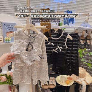 女童童装 背心 夏季 上衣女童镂空网眼透气圆领衣服蝴蝶结甜美无袖