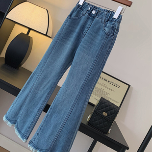 女中大童装2026春秋新款儿童毛边设计牛仔裤微喇叭裤小个子长裤子