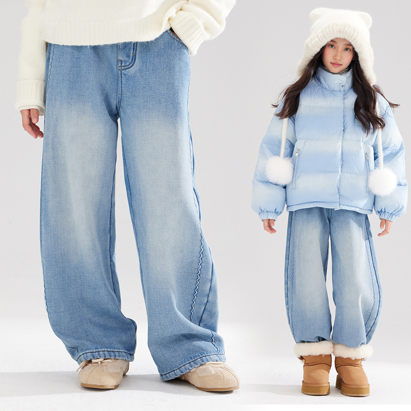 女童加绒弯刀牛仔裤秋冬直筒