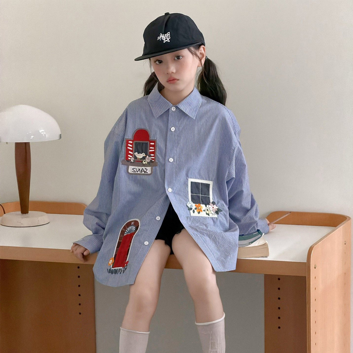 春季新款男女童条纹衬衫儿童翻领宽松卡通贴布中大童潮酷衬衣外套,童装/婴儿装/亲子装,衬衫,淘宝优惠券,粉丝福利购,淘宝优惠卷