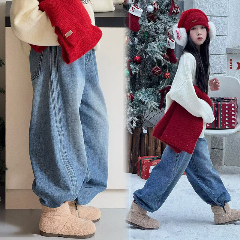 女大童加绒阔腿牛仔裤小个子冬季宽松显瘦直筒弯刀裤儿童蓝色长裤,童装/婴儿装/亲子装,裤子,淘宝优惠券,粉丝福利购,淘宝优惠卷