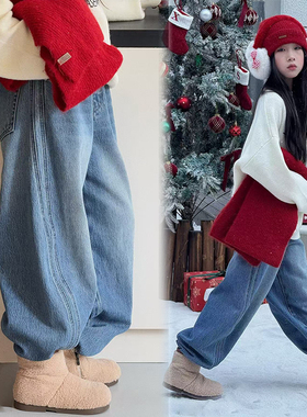 女大童加绒阔腿牛仔裤小个子冬季宽松显瘦直筒弯刀裤儿童蓝色长裤