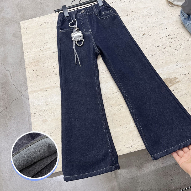 大童加绒牛仔裤女童一体绒微喇裤