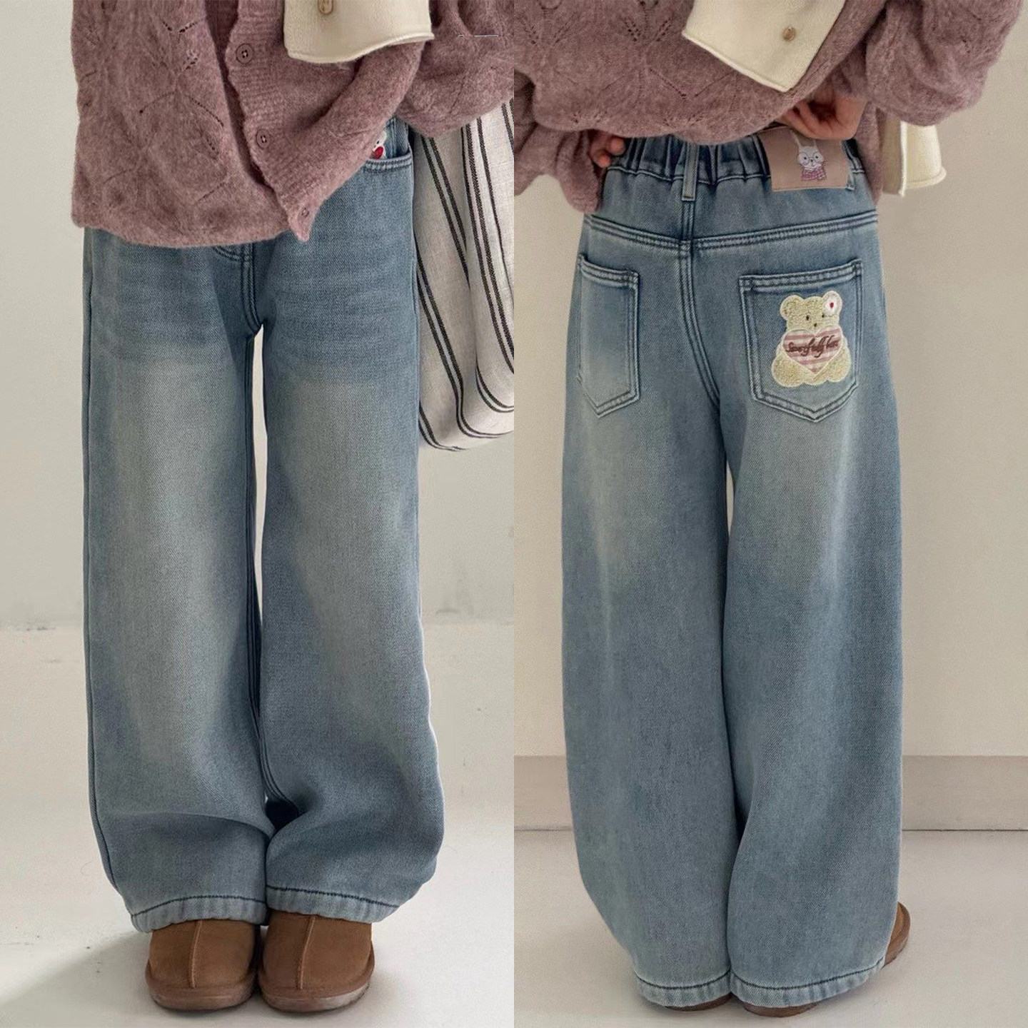 女童冬季加绒加厚刺绣小熊直筒裤牛仔裤儿童装裤子中大童休闲百搭,童装/婴儿装/亲子装,儿童牛仔裤,淘宝优惠券,粉丝福利购,淘宝优惠卷
