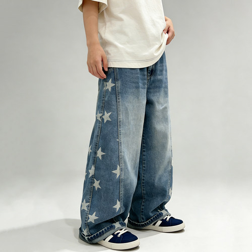 男女童美式复古星星印花牛仔裤潮