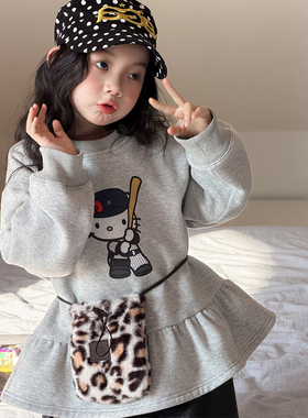 儿童kitty猫印花荷叶边长袖圆领灰色卫衣女中大童26春季新款上衣
