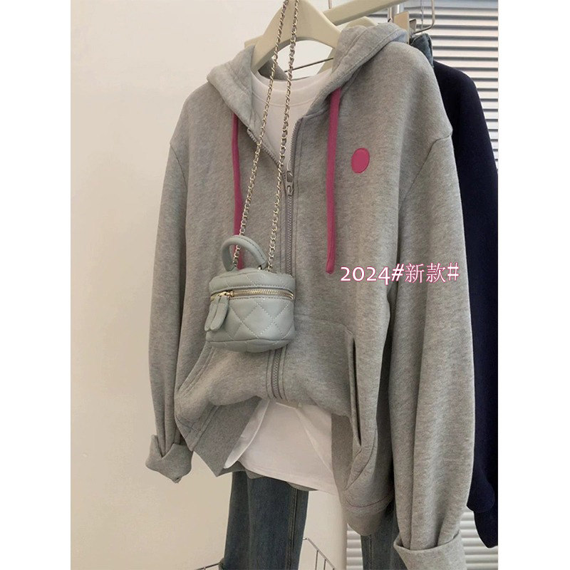 女童春季灰色连帽卫衣外套2026新款小个子宽松慵懒风拉链开衫上衣