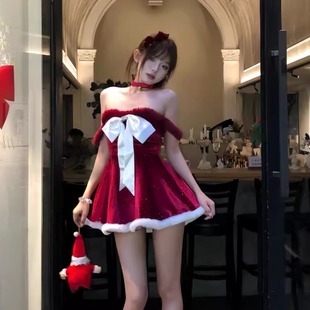 圣诞节性感纯欲约会新年红色抹胸连衣裙战袍大蝴蝶结可爱甜辣套装