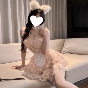 性感小胸粉色蕾丝纯欲甜美可爱吊带睡裙女仆制服睡裙趣情qq睡衣女