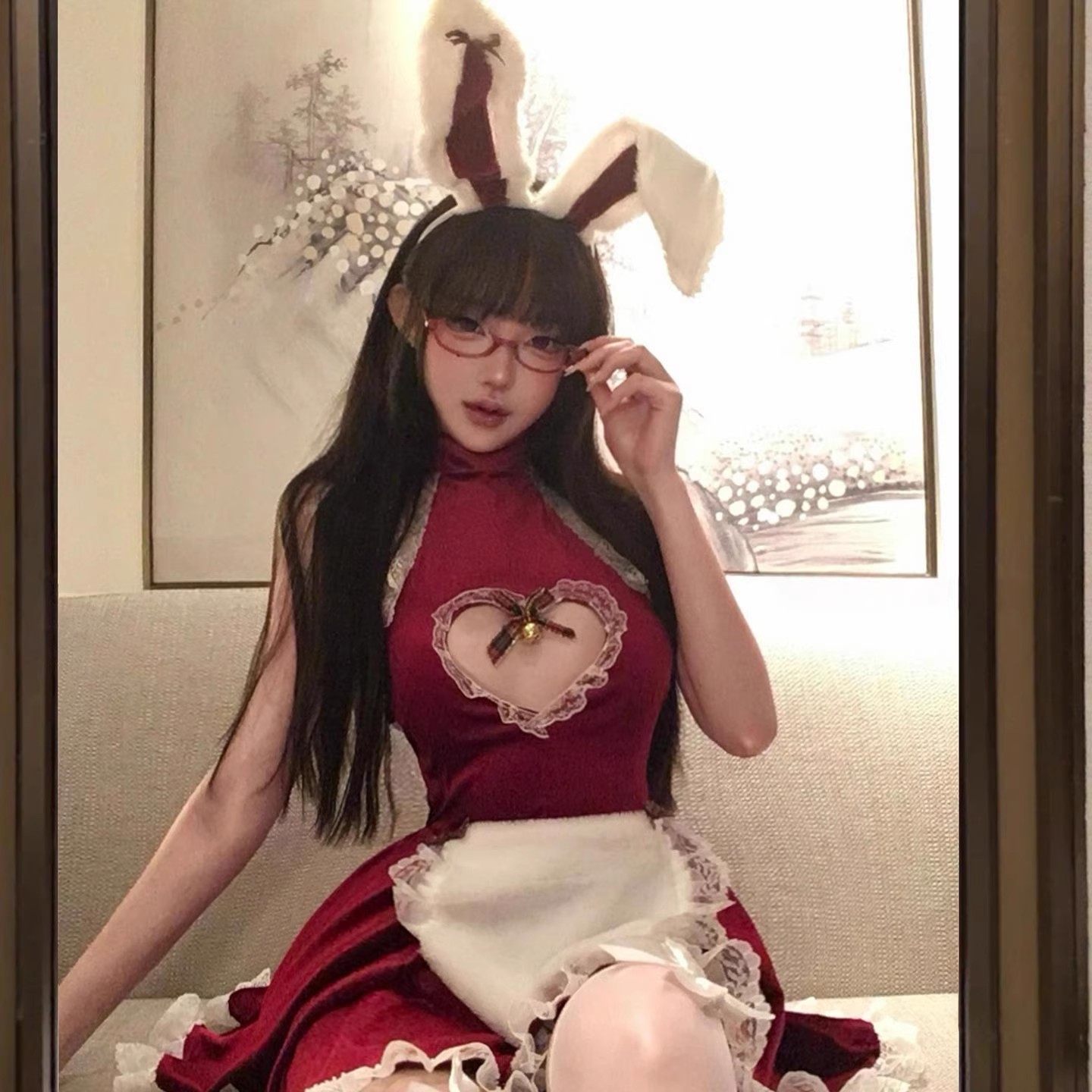 性感圣诞节日主题氛围感qqny制服女仆纯欲风套装战袍情趣红色内衣