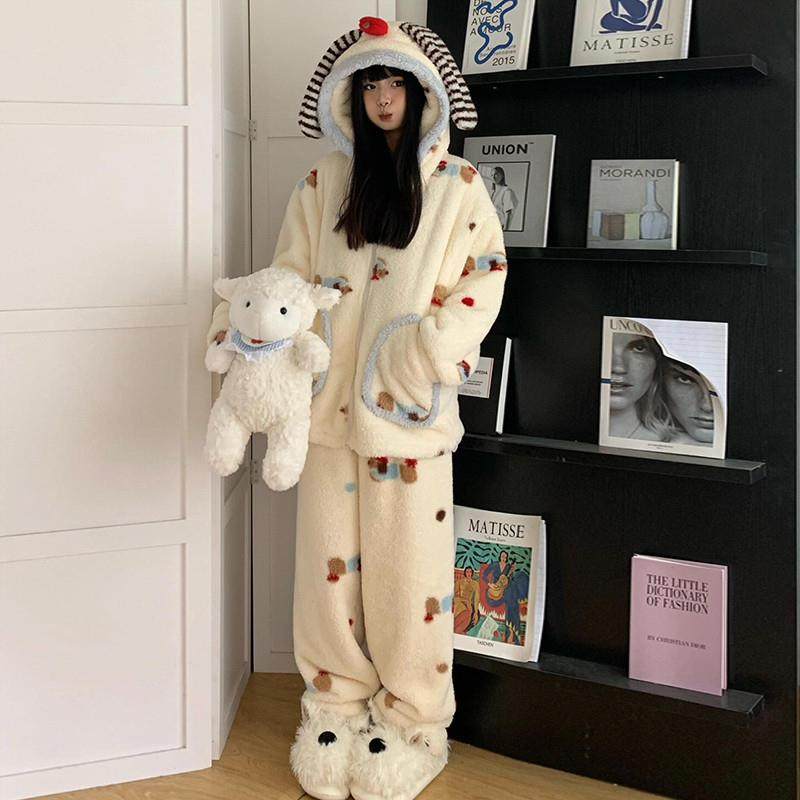 腊肠狗珊瑚绒睡衣女款秋冬季加绒加厚可爱长款睡袍保暖家居服套装