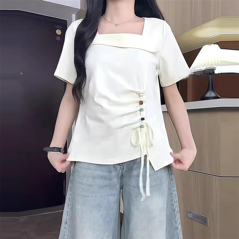 大码纯棉设计感方领短袖T恤女夏季胖mm显瘦不规则彩色扣串珠上衣