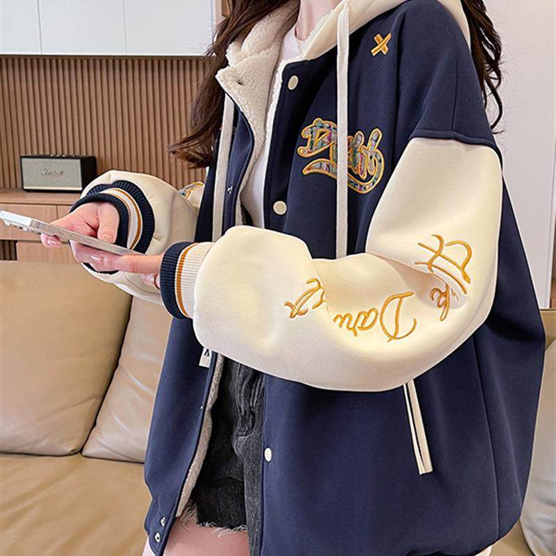 美式羊羔毛棒球服外套女秋冬季加绒加厚夹克2025新款学生大童棉服