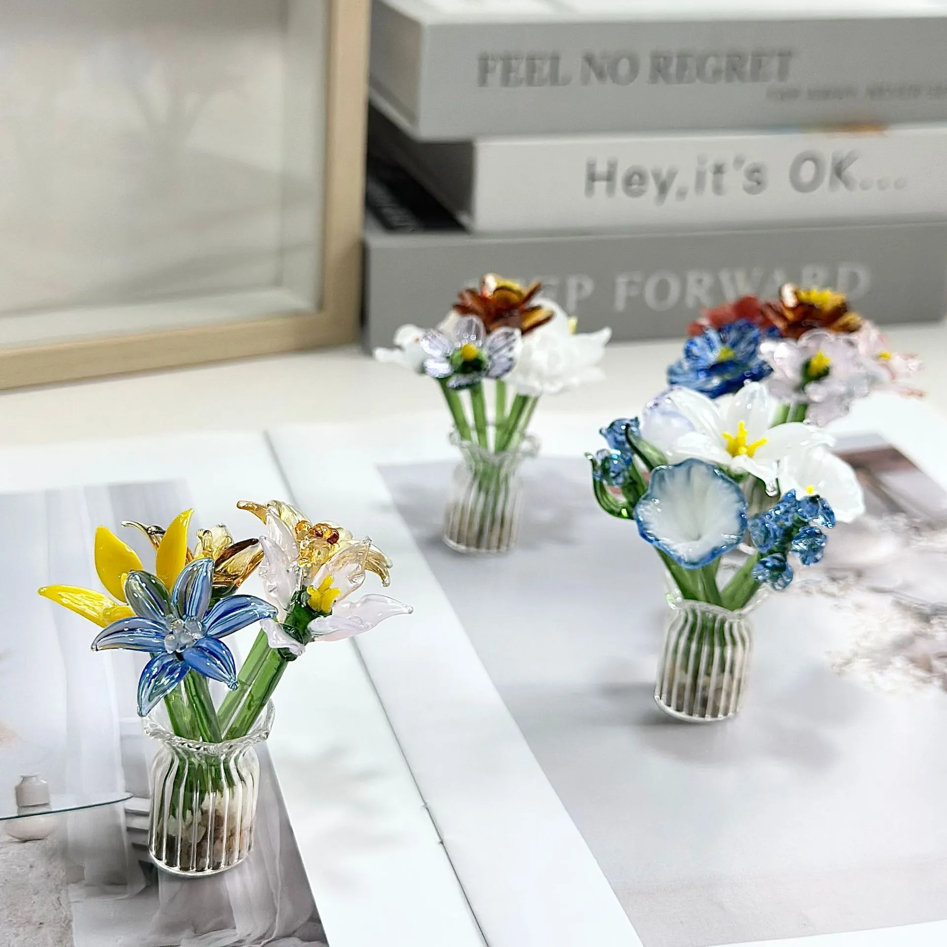 淄博纯手工琉璃仿真小花玻璃花束盆栽装饰品办公桌书房摆件礼品