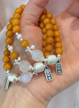 999足银平安富贵珍珠蜜蜡银珠手链女简约新中式设计串珠手串手饰