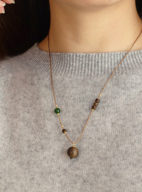 天然新中式文玩文莱沉香木吊坠单颗转运珠毛衣链女款百搭禅意项链