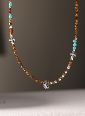 s925纯银十字架虎眼石小蛮腰项链女简约手工设计民族风串珠锁骨链