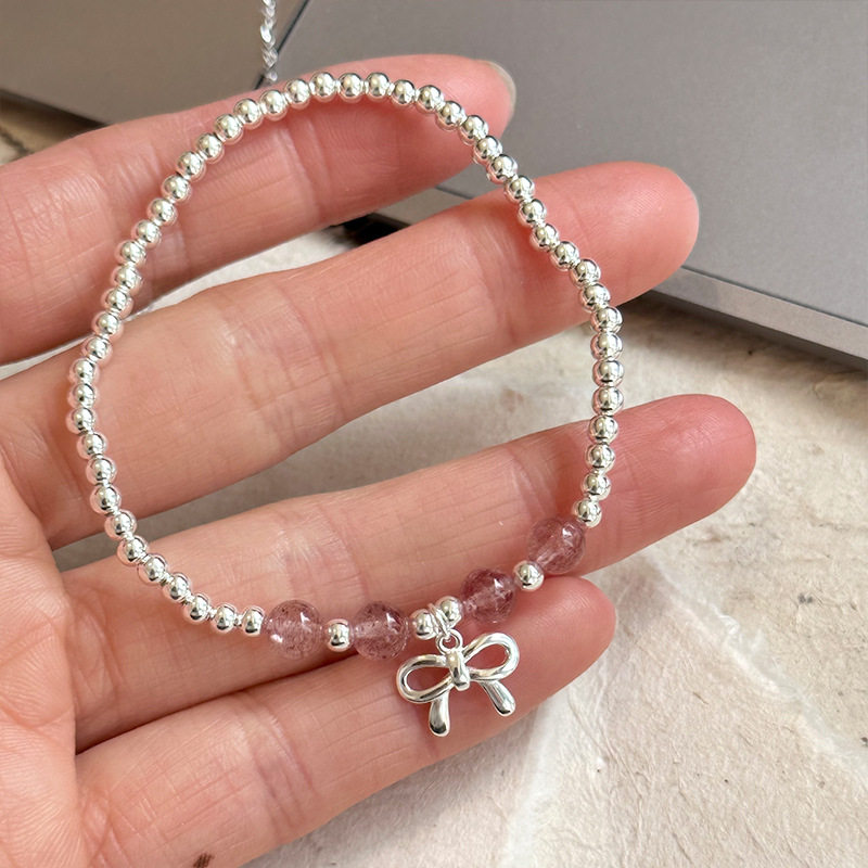 天然草莓晶蝴蝶结手链女生s925纯银小众甜美弹力绳手串春夏新品