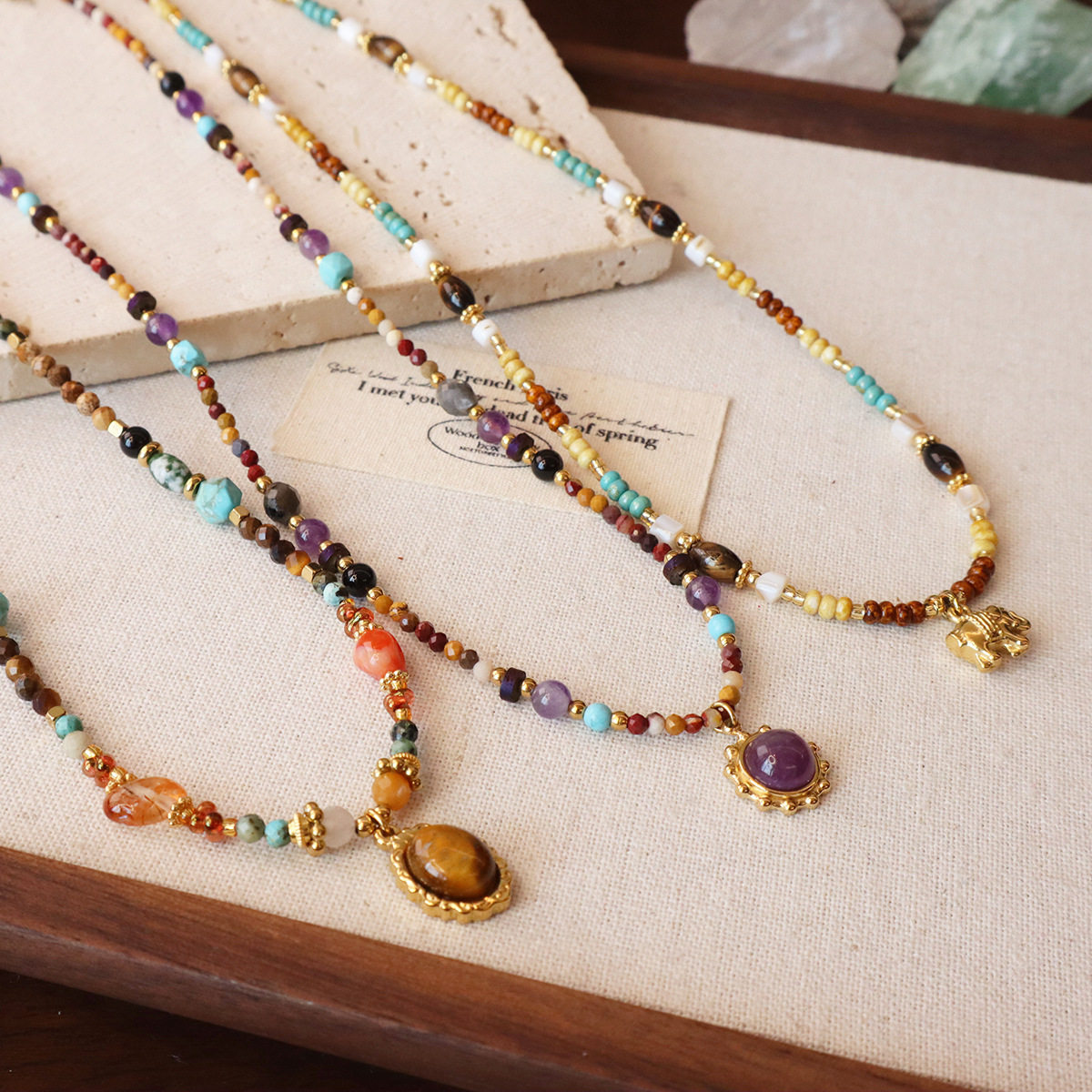 钛钢高级感天然石项链秋冬卫衣虎眼石玛瑙项链女小众设计感毛衣链