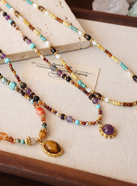 钛钢高级感天然石项链秋冬卫衣虎眼石玛瑙项链女小众设计感毛衣链