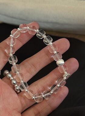 韩系ins风透明清透巴西白水晶女S925通体纯银拉丝转运珠串珠手串