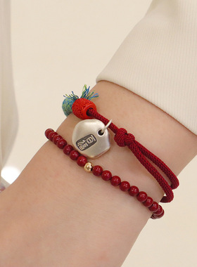 925纯银百福朱砂手链女简约手工编织红绳手绳中国风设计手环手饰