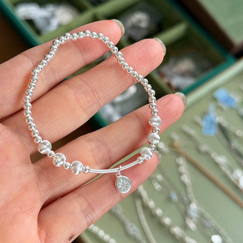 韩版s925银镶钻八芒星车花球串珠手链女简约手工设计百搭银手饰