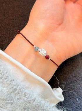 s925纯银花朵朱砂手绳手链女简约手工编织设计甜美气质红绳手饰