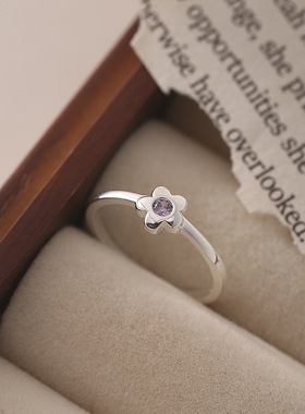 通体s925纯银花朵锆石戒指女简约小众设计甜美小清新开口指环戒子